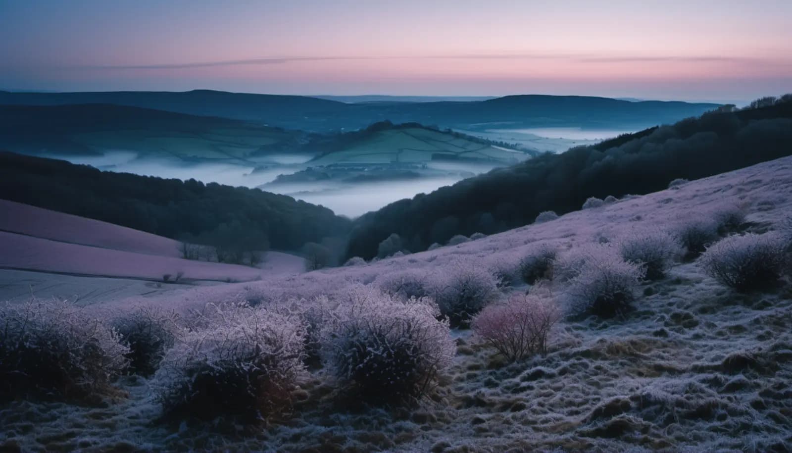 Hang mit bereiften Schlehenbüschen im Morgengrauen, Nebel im Tal