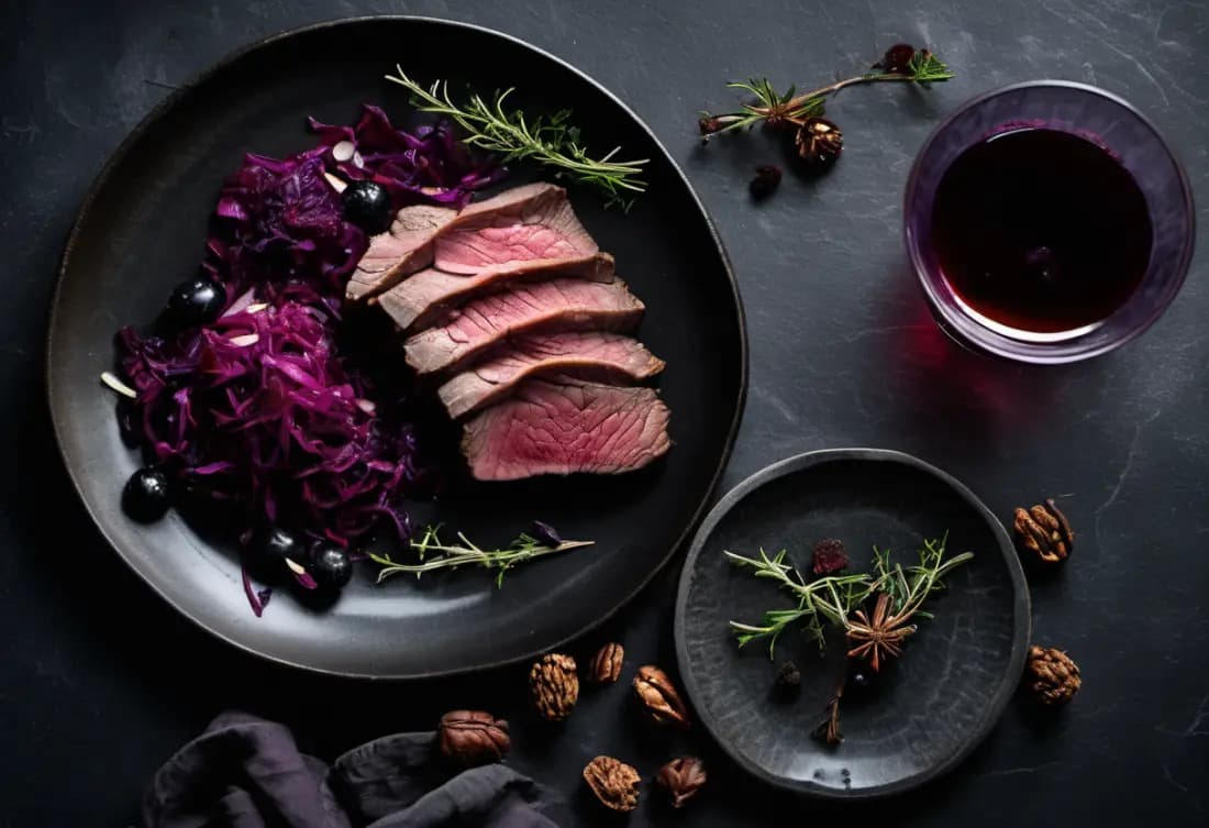 Rehrücken mit Rotkohl auf dunklem Teller, daneben ein kleines Glas