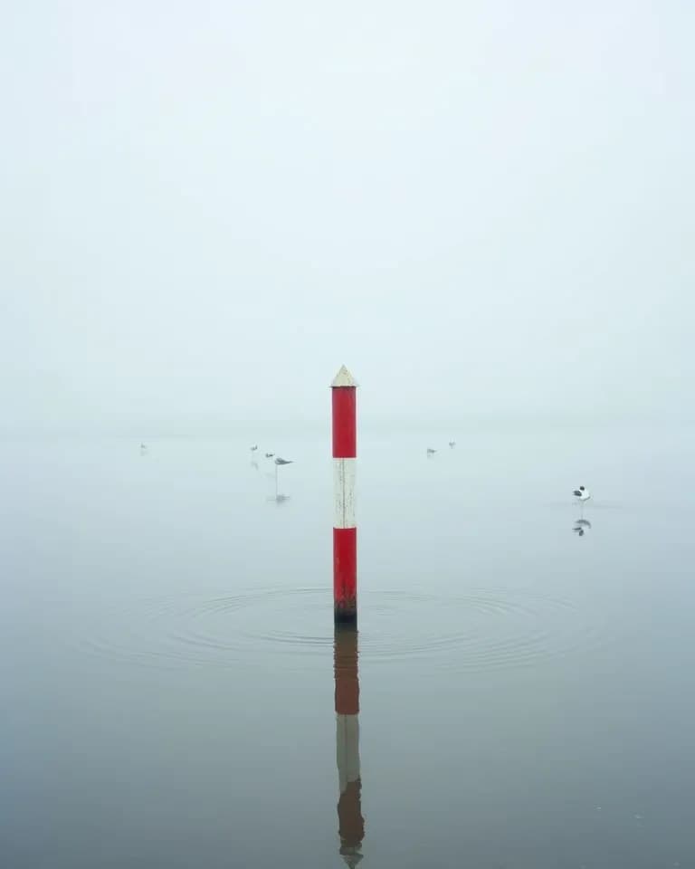 Eine rot-weiße Pegelstange im flachen Wasser, Möwen weit weg im Nebel.
