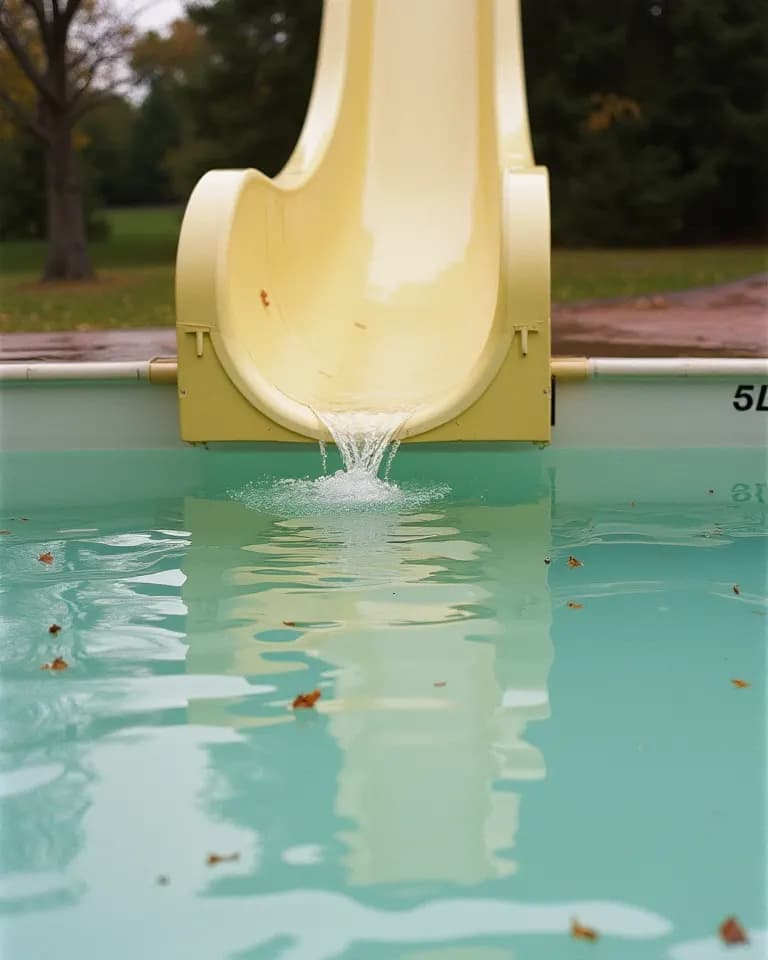 Eine gelbe Rutsche aus Glasfaser endet im Becken, auf dem Wasser treibt Laub.