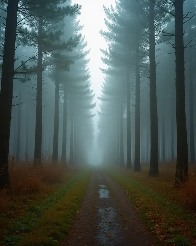 Ein schmaler Waldweg zwischen geraden Fichtenstämmen verschwindet im Nebel.