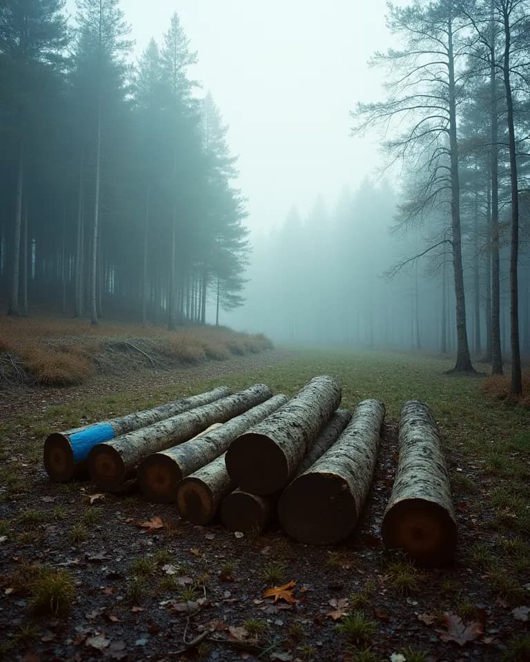 Gestapelte Stämme mit blauer Farbmarkierung auf einer Lichtung im Nebel.