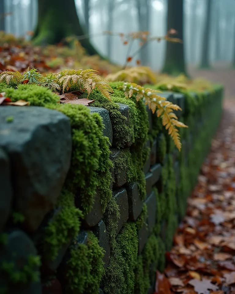 Eine nasse, bemooste Steinmauer mit Farnen und Herbstlaub.