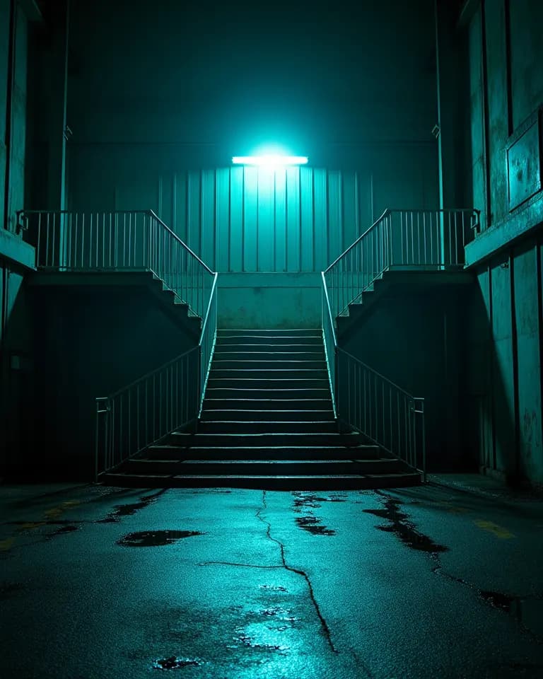 Ein leeres, beleuchtetes Stahltreppenhaus, kaltes Neonlicht auf nassen Geländern.