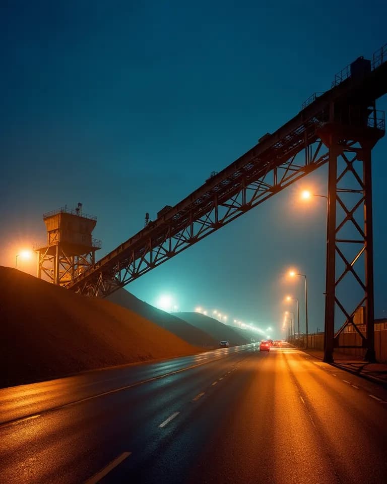 Eine Förderbandbrücke über einer Kieshalde im Hafen, orange angeleuchtet.
