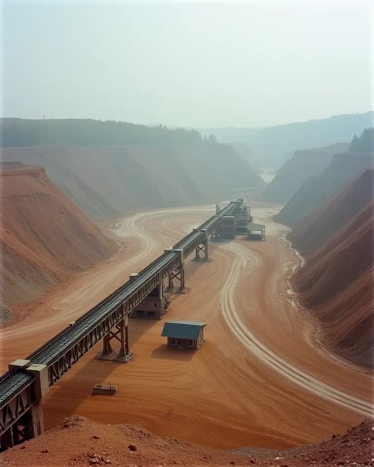 Eine lange Förderbandanlage quer über die leere Tagebausohle, eine kleine Hütte.