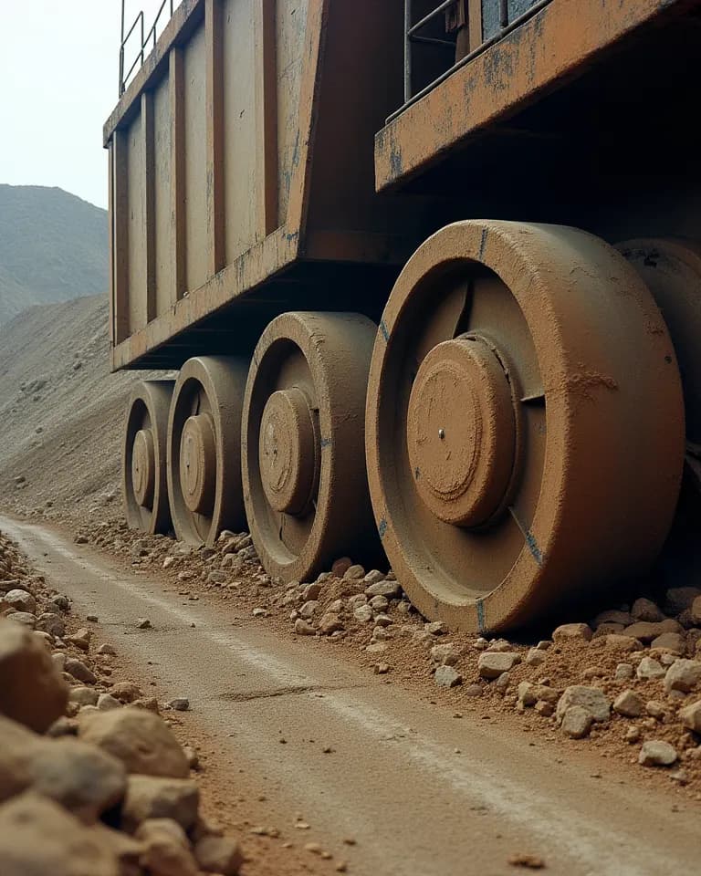 Die Räder eines schweren Muldenkippers aus der Nähe, Lehm und Steine auf dem Weg.
