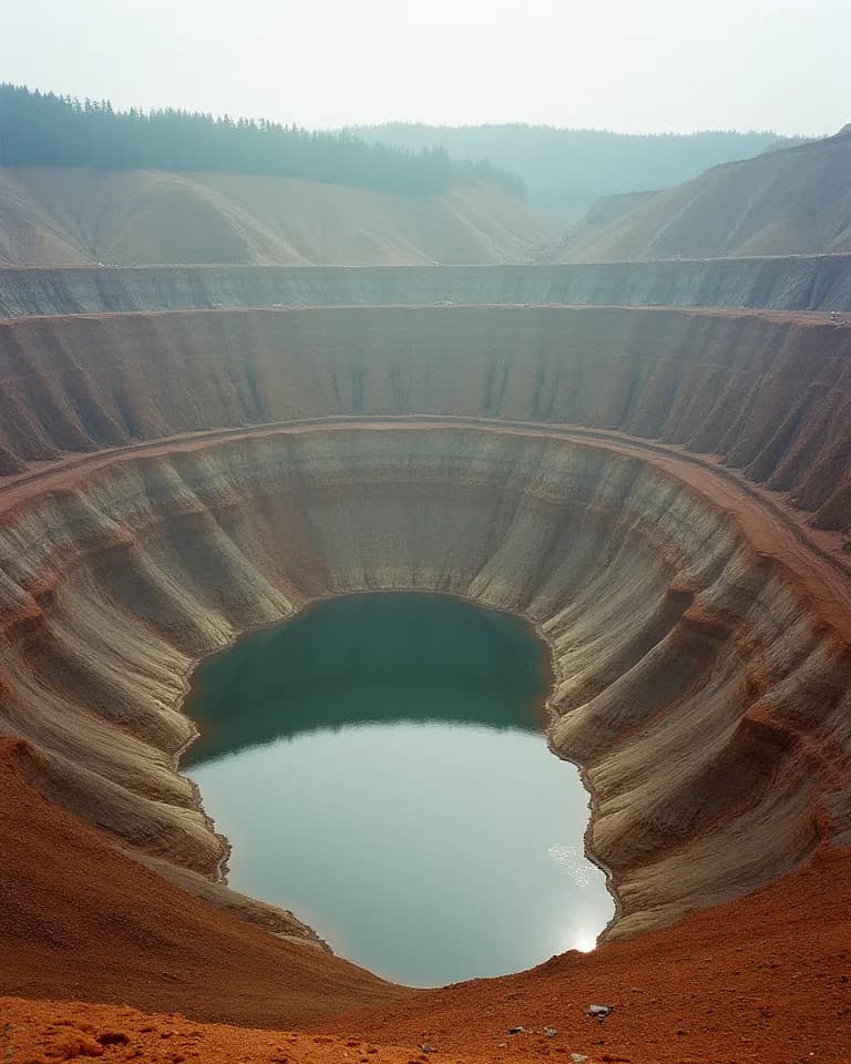 Ein kleiner Regenwassersee am Grund der Grube, die Hänge spiegeln sich darin.