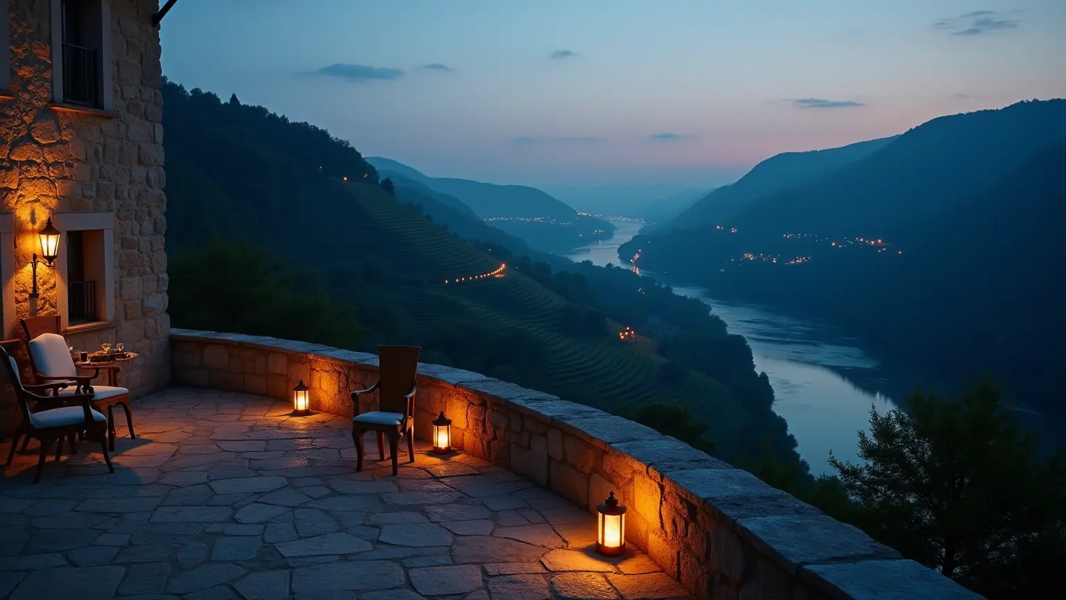 Die Terrasse: Bleiben, bis unten im Tal die Lichter angehen.